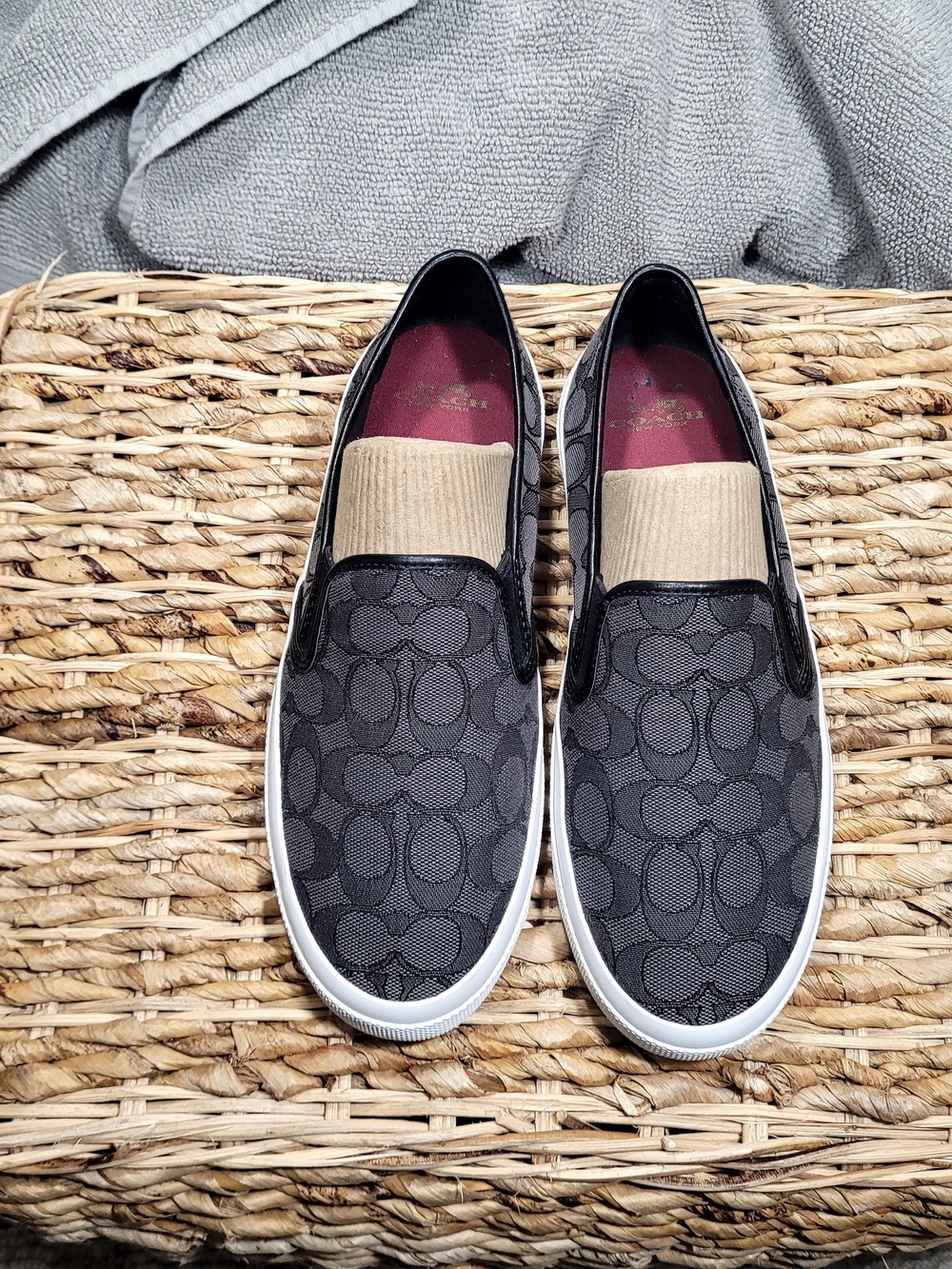 Coach Chrissy Signature Monogram Slip-On Sneakers in Black/Gray